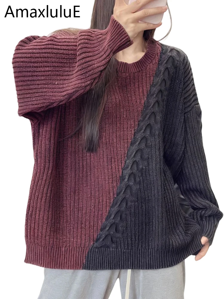 

Amax LuluE корейский зимний модный пуловер женские свободные теплые лоскутные свитера женские классические повседневные джемперы большого размера с круглым вырезом