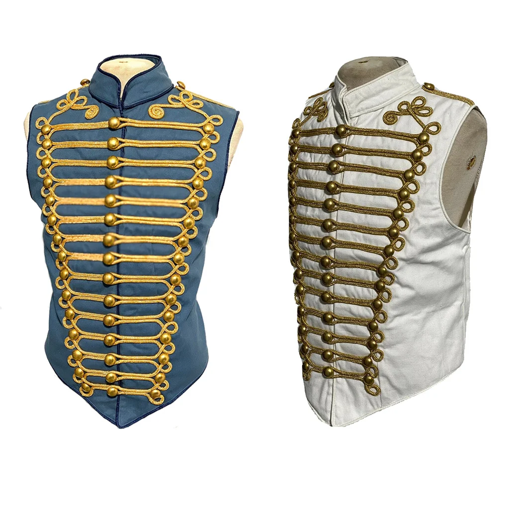 

Men's Military Army Gothic Steampunk White/Blue Hussar Vest With Gold Braiding Military Steampunk Vest Custom Made High Quality