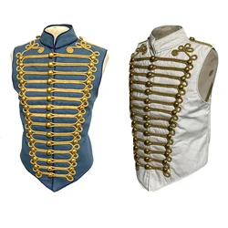 Men's Military Army Gothic Steampunk White/Blue Hussar Vest With Gold Braiding Military Steampunk Vest Custom Made High Quality