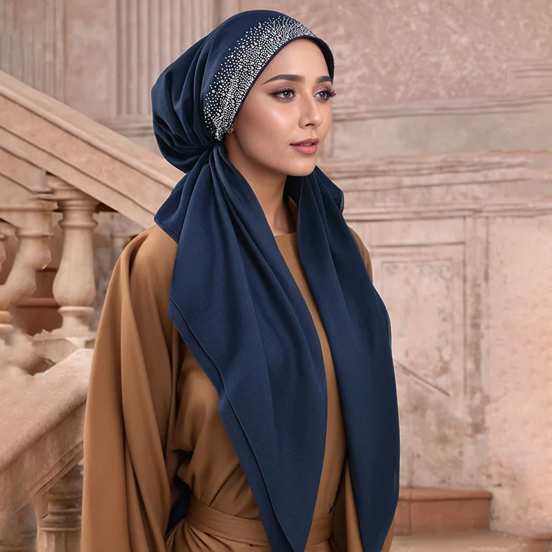 Fashion Diamond Cotton Elastic Headband Cap For Woman Muslim Hijab Hat Lady Fashion Instant Scarf Islamic Turban 75*25cm