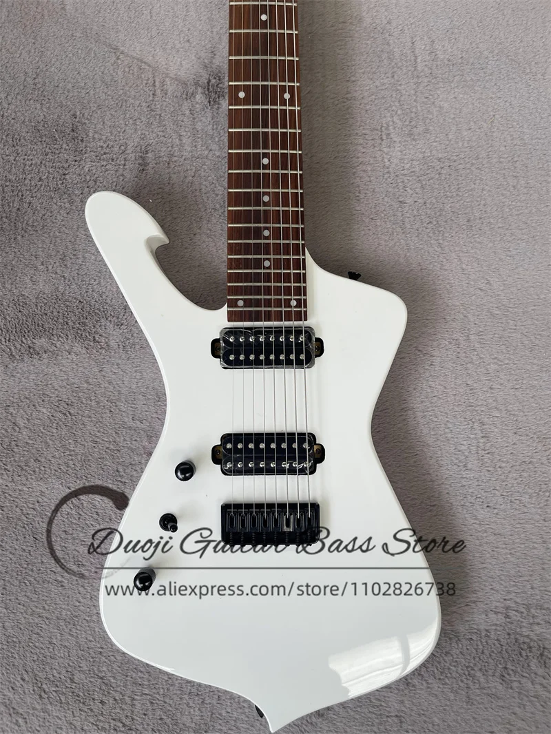 8 Strings Left Hand Electric Guitar Iceman White Body Rose wood Fingerboard 5 Pieces Neck Fixed Bridge Black Tuners