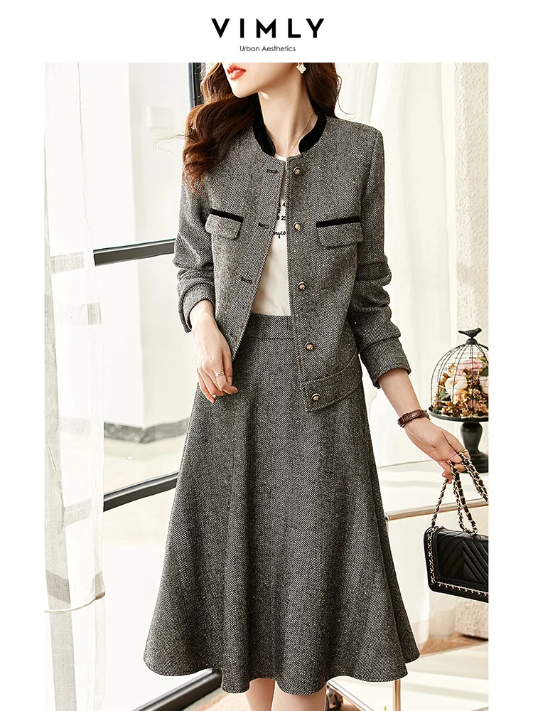 

Vimly Tweed Jacket Skirt Matching Sets 2023 Spring Elegant Korean Fashion Office Outifits Midi Swing Skirt 2 Piece Sets V7622