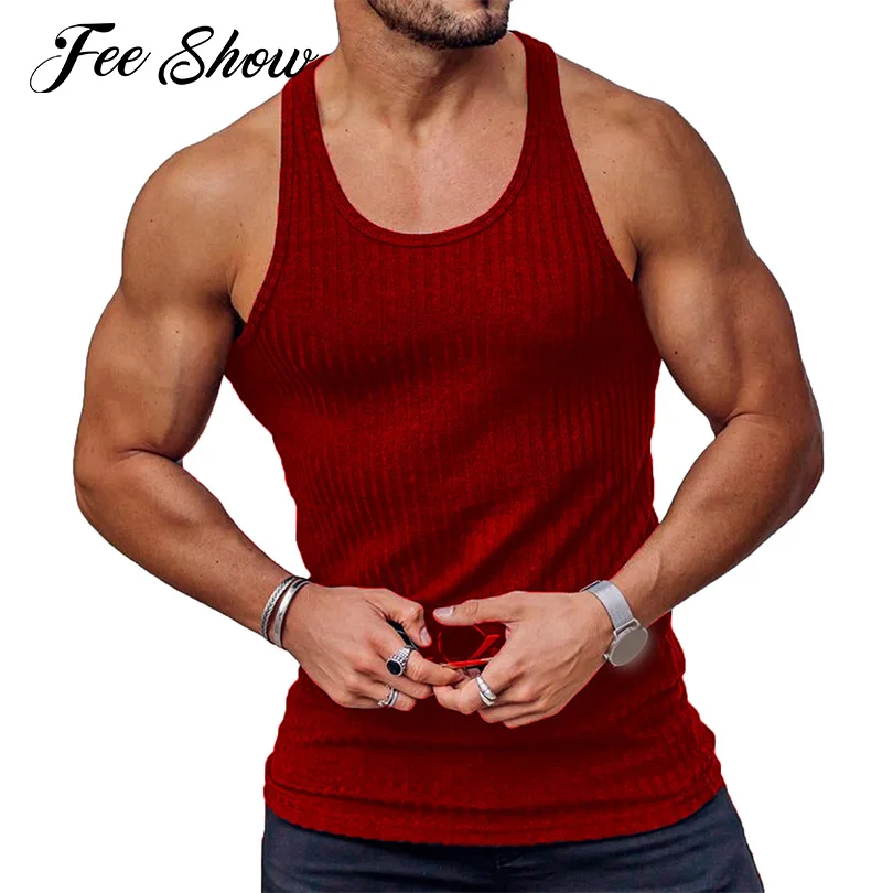 

Summer Men Sleeveless Racer Back Running Vest Sheer Tank Top Knitted Stretchy Sports Top Quick-dry Gym Fitness Training T-shirts