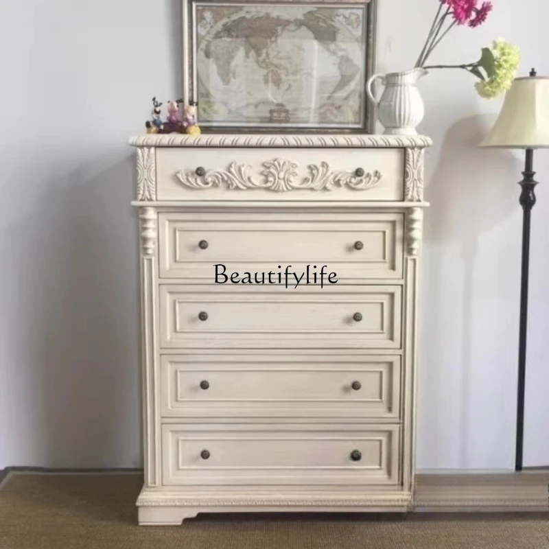 

American solid wood storage cabinet, bedroom carved white cabinet, old furniture