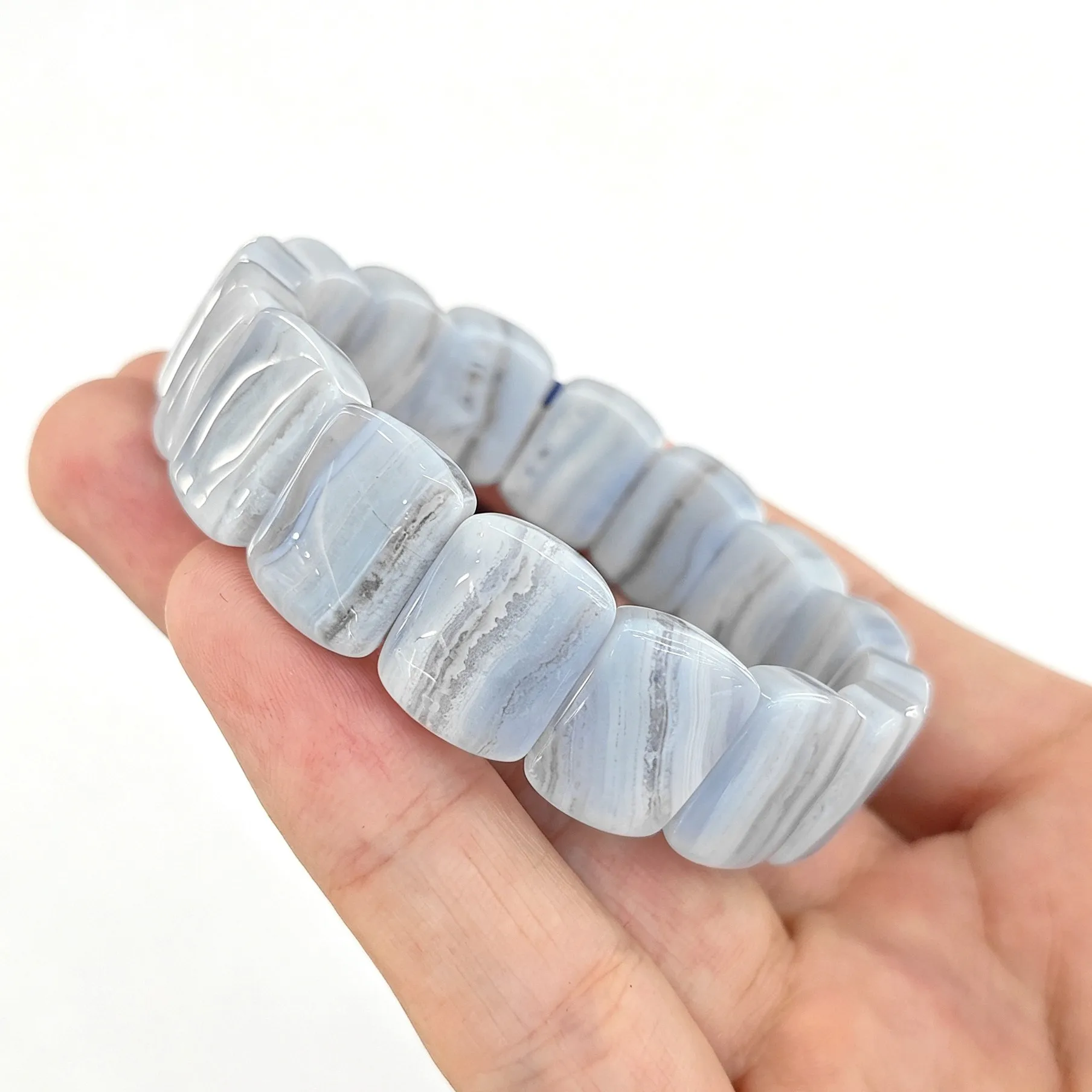 Natural Blue Lace Agate Gemstone Plate Bracelet Smooth Sky Blue Banded Crystal Slab Cuff Wrist Jewelry Gift Random Dispatch 1 Pc