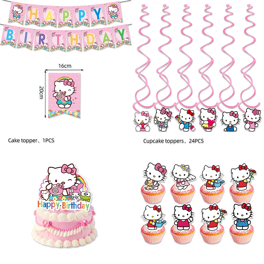 Cartoon Hello Kitty Theme Children\'s Party Supplies Set Girl\'s Birthday Flag Background Decoration Baby Shower Latex Balloon