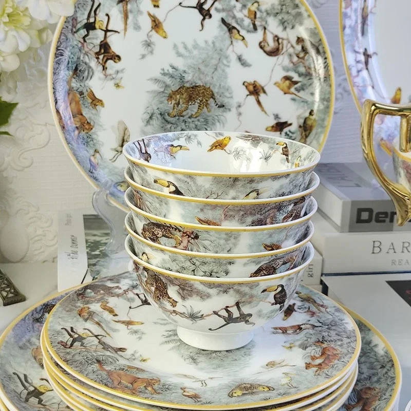 European Bone China Tableware Set Jungle Series Tableware 43 And 15 Pieces Animal Flower And Bird Plate Dishes Dining Table Set