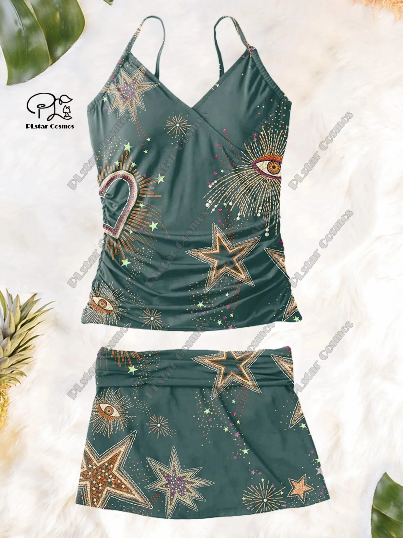 Damen V-Ausschnitt Sommer kleiner frischer Blumendruck Hosenträgerrock zweiteiliger Badeanzug Anzug Urlaub Reisen neuer Badeanzug Q-10