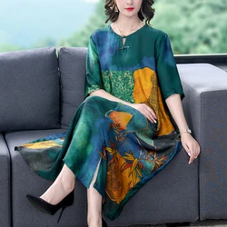 Women Black Floral Natural Silk Maxi Dress Korean Vintage Casual Dress Summer Elegant Loose Waist Plus Size Dress