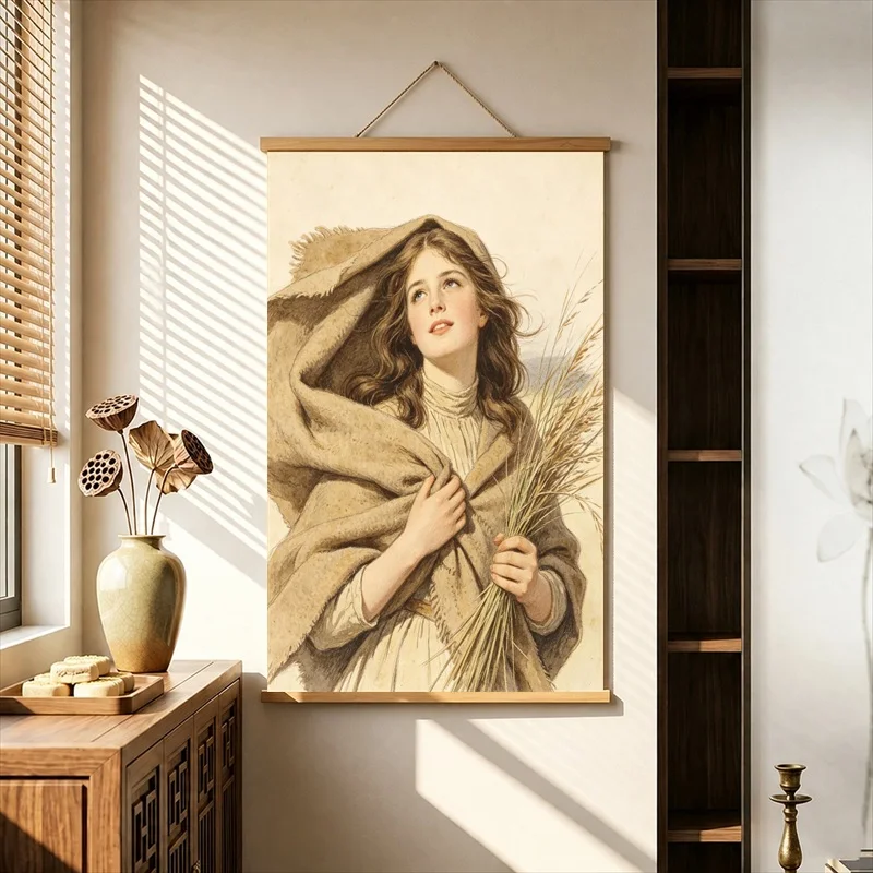 Wall Decorations Elegant Women in Rustic Country Life, Pearlescent Canvas Hanging Scroll for Boutique Guesthouse Interior Decor