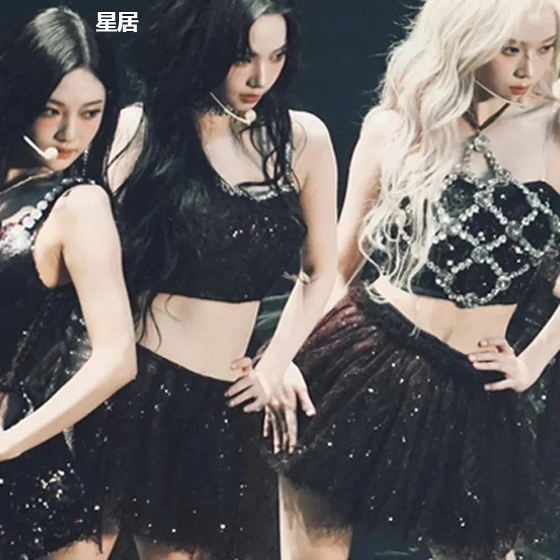 Cantante da donna Gruppo Costumi di danza jazz Paillettes Top lucidi Gonna gonfia Sexy discoteca Ragazze Spettacolo teatrale Kpop Rave Abiti