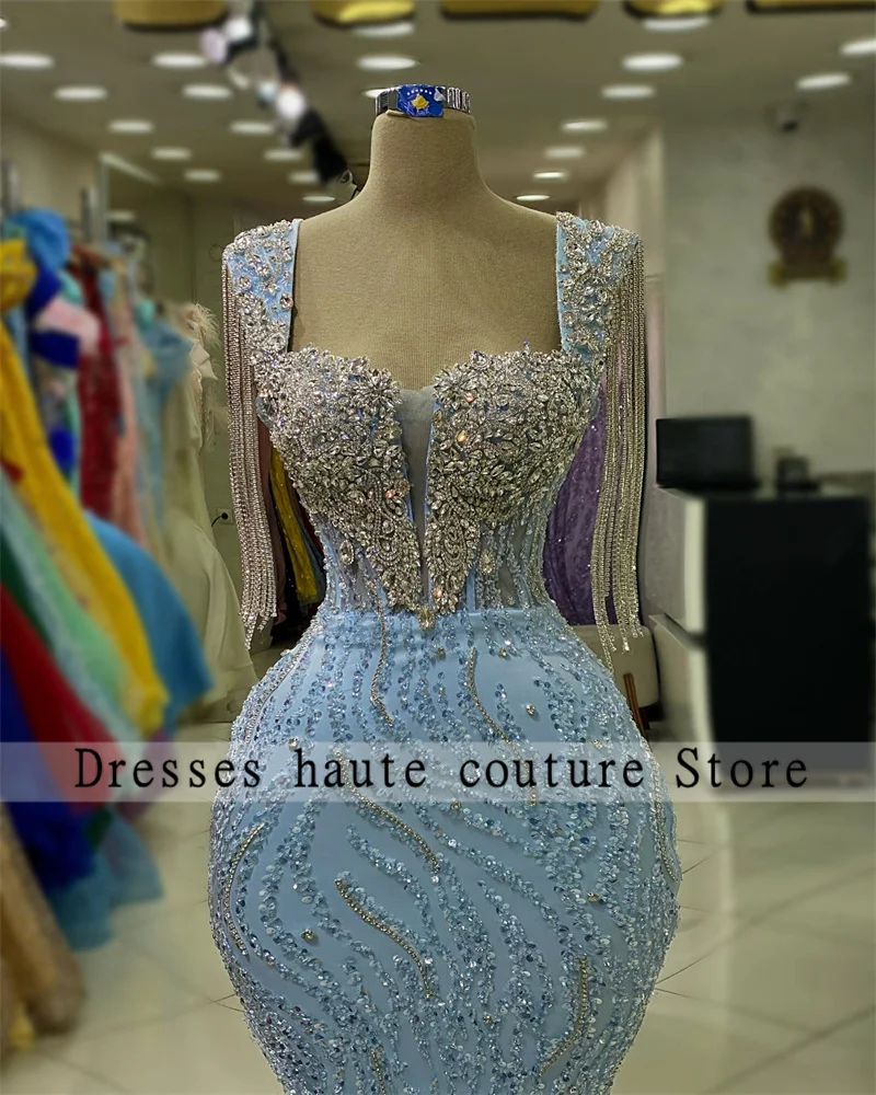 Vestido de noche de sirena con cuentas azules de México, traje de lujo con cristales de tren desmontables, borlas de boda, 2024