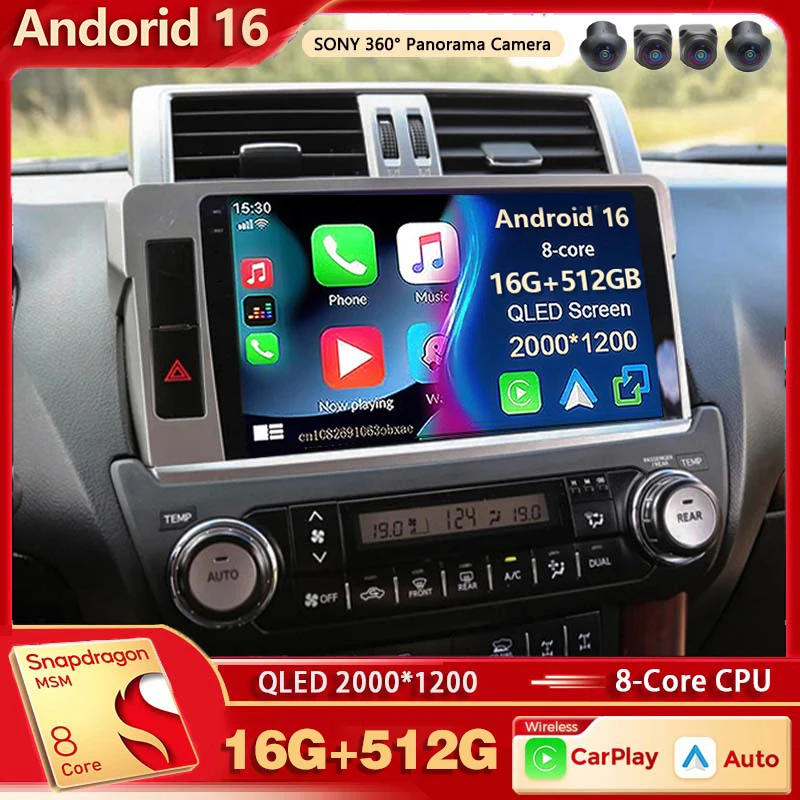 Android 16 For Toyota Land Cruiser Prado 150 2013 - 2017 2K QLED Android Car Radio Multimedia Video Player GPS Stereo CarPlay 4G