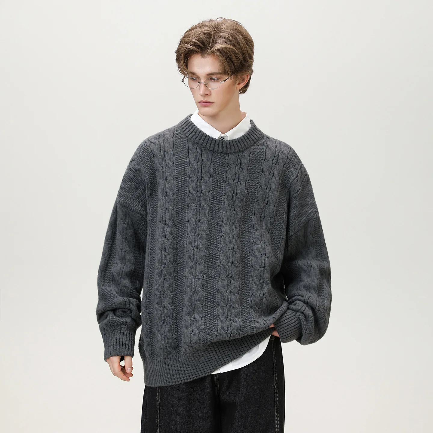 Casual Fashion Cable Knitted Sweater Men and Women Heavyweight Crewneck Pullover Winter Thicken Solid Color Basic Knitwear