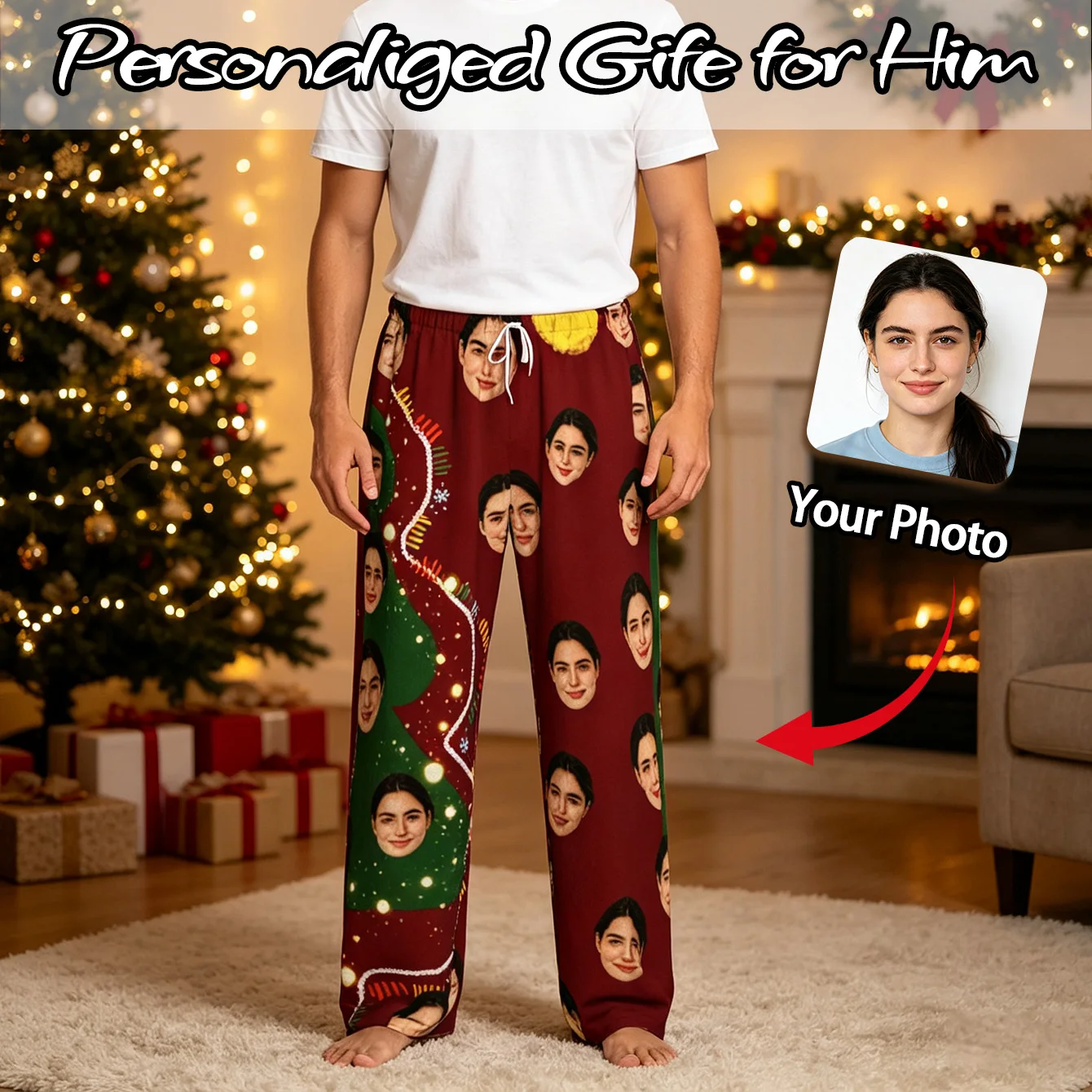 Customized Personalized Facial Photo Long Sleeved Warm Pajamas Sleeping Pants for Men And Women Fun Christmas Gift