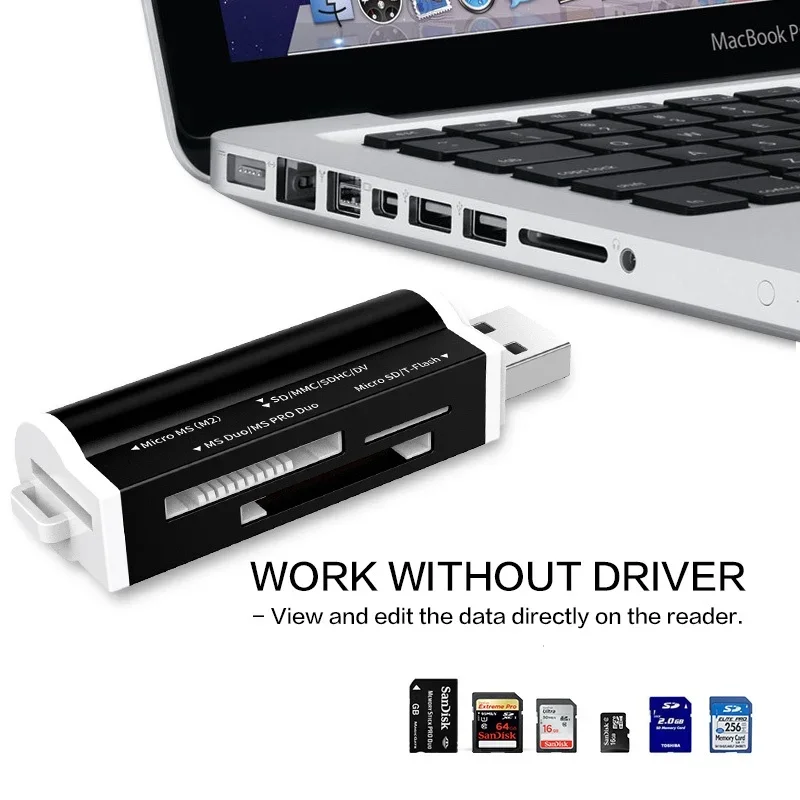 قارئ بطاقات ذاكرة متعدد USB 2.0 عالي السرعة لـ Micro SD T-Flash SDHC MMC MS PRO DUO TF M2 متوافق مع جميع الأجهزة