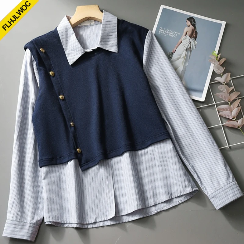 Offres spéciales nouveau 2025 bureau Blouse femmes mode mignon doux Style Preppy filles Patchwork hauts à rayure faux deux pièces conception chemises