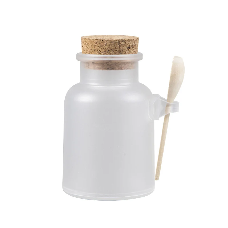 Empty Bath Salt Bottle Plastic Matte Cork Jar Refillable Bottle With Wood Spoon