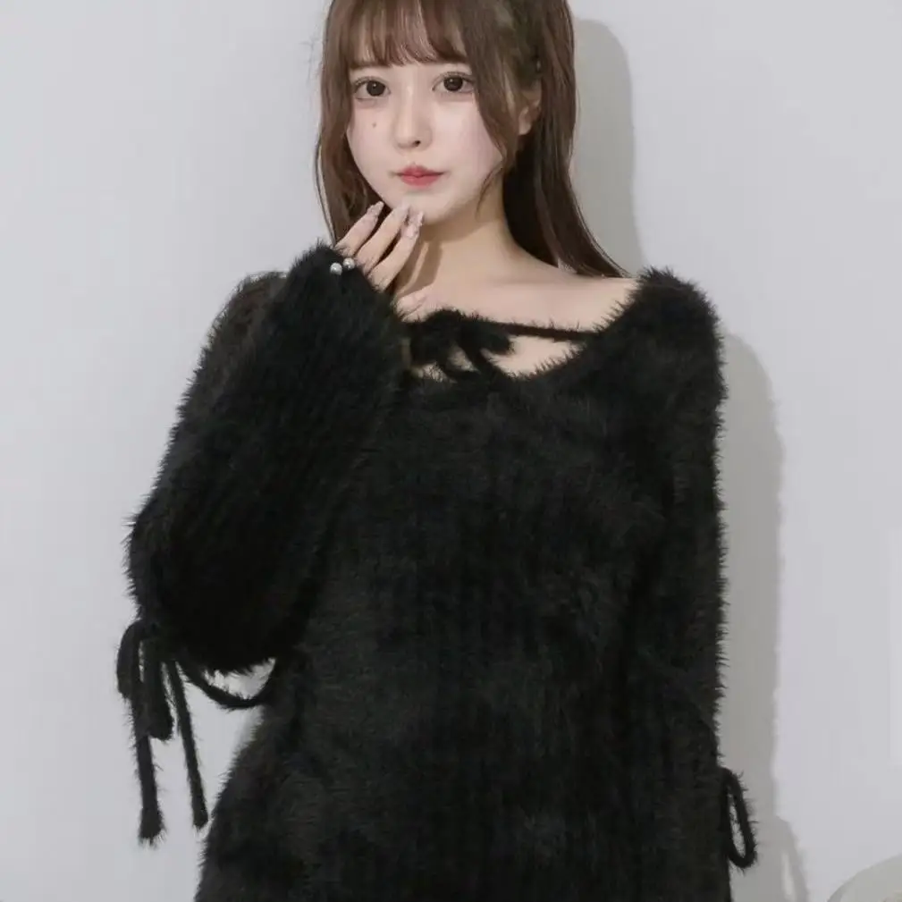 فستان قصير محبوك على الطراز الياباني أنيق برقبة دائرية وأربطة وأكمام طويلة وخصر عالٍ للنساء للخريف #2