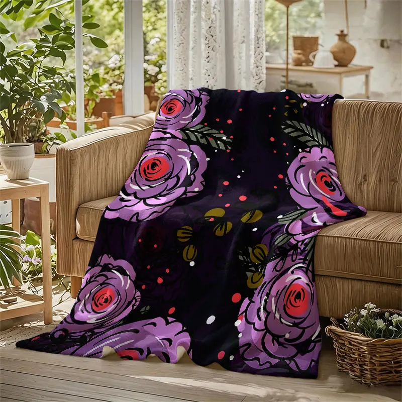 Purple Roses Dark Border Flannel Blanket Perfect for Sofa Office Bed Travel Sleep Read Relax Camping Four Season Use
