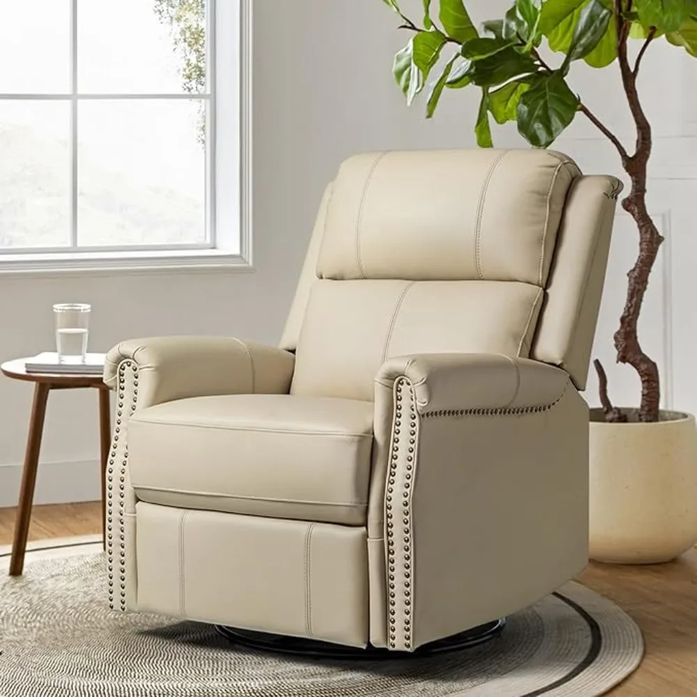 Genuine Leather Power Recliner Chair with USB Port,Electric Swivel Recliner with Nailhead Trim & Metal Base,Living Room Chairs