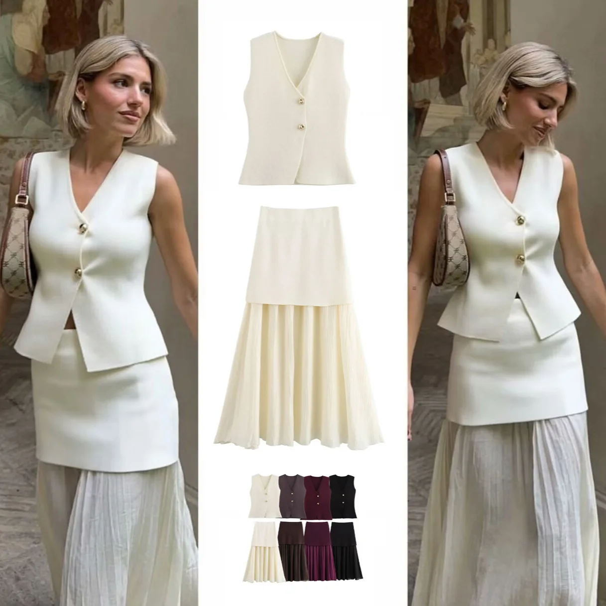 

Women's 2025 Summer New V-neck Gold Button Knit Vest + Pleated Skirt Suit
