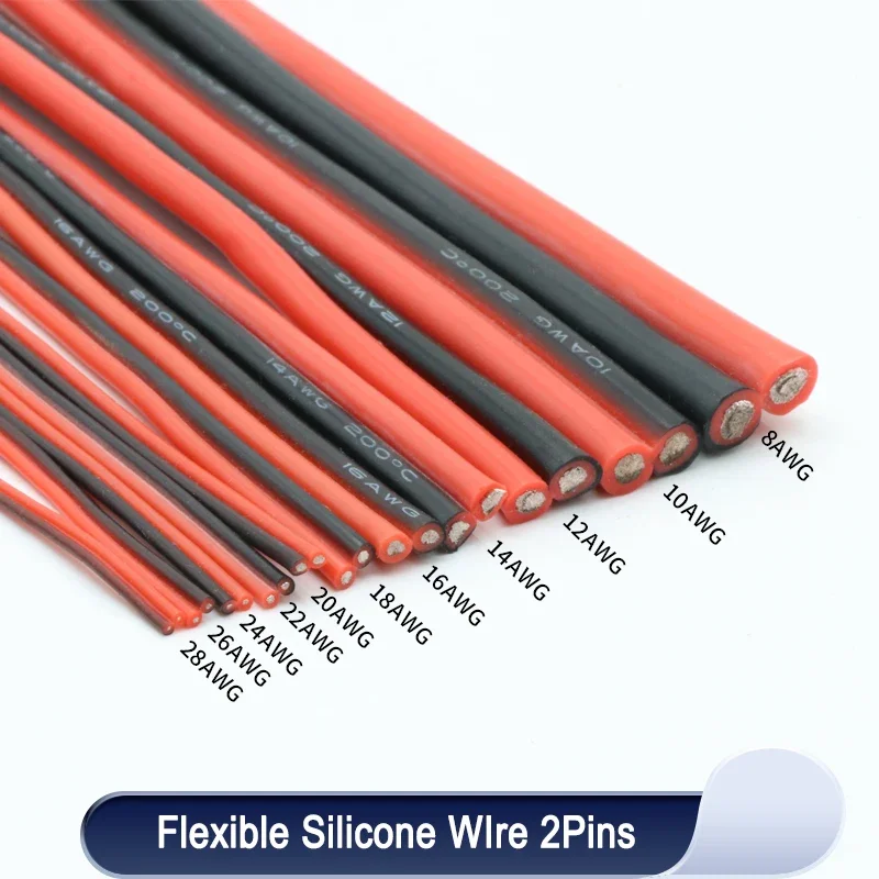 1/2/5m Flexible Silicone Wire 2Pins 30 28 26 24 22 20 18 16 14 12 10 8 AWG DIY LED Line Soft Rubber Tinned Copper Cable