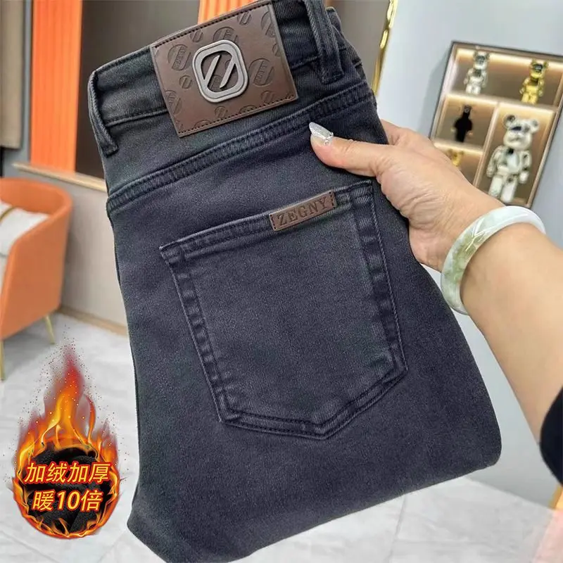 

New Fashion Solid Color Thickened Velvet Men's Pencil Pants Casual Slim Fit Jeans Spring Autumn Business Thicken Brushed Pants
