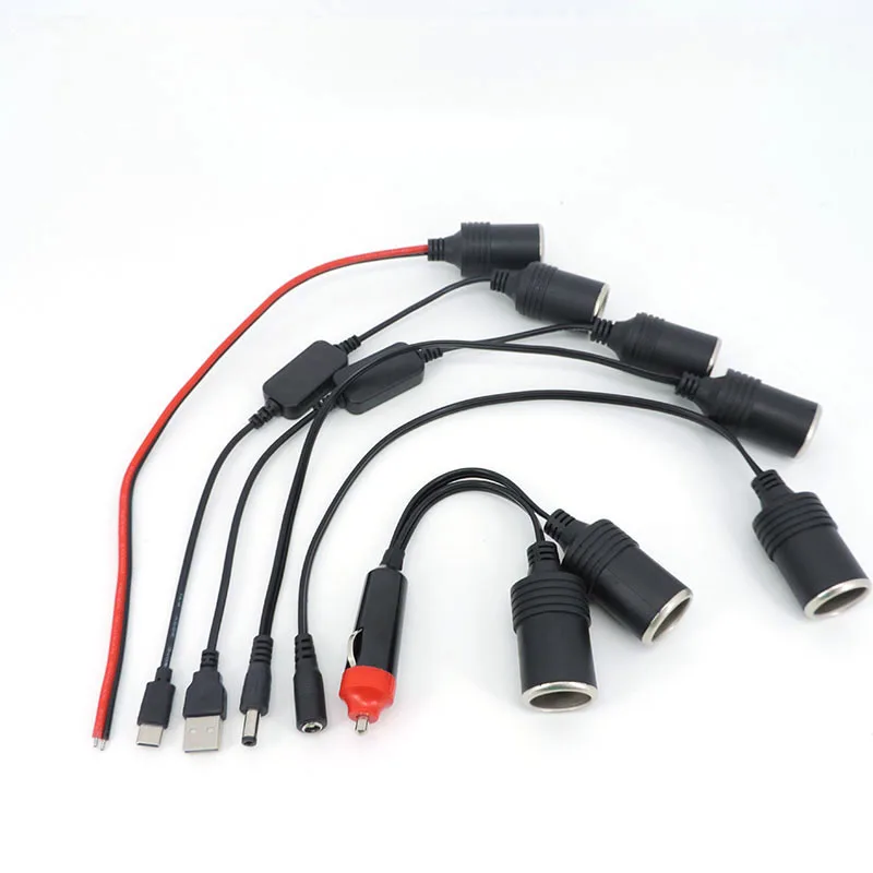 Encendedor de coche dual de 12v CC, macho y hembra a DC 5,5x2,1, USB tipo c macho y hembra, Conector de 5v, adaptador de cargador e