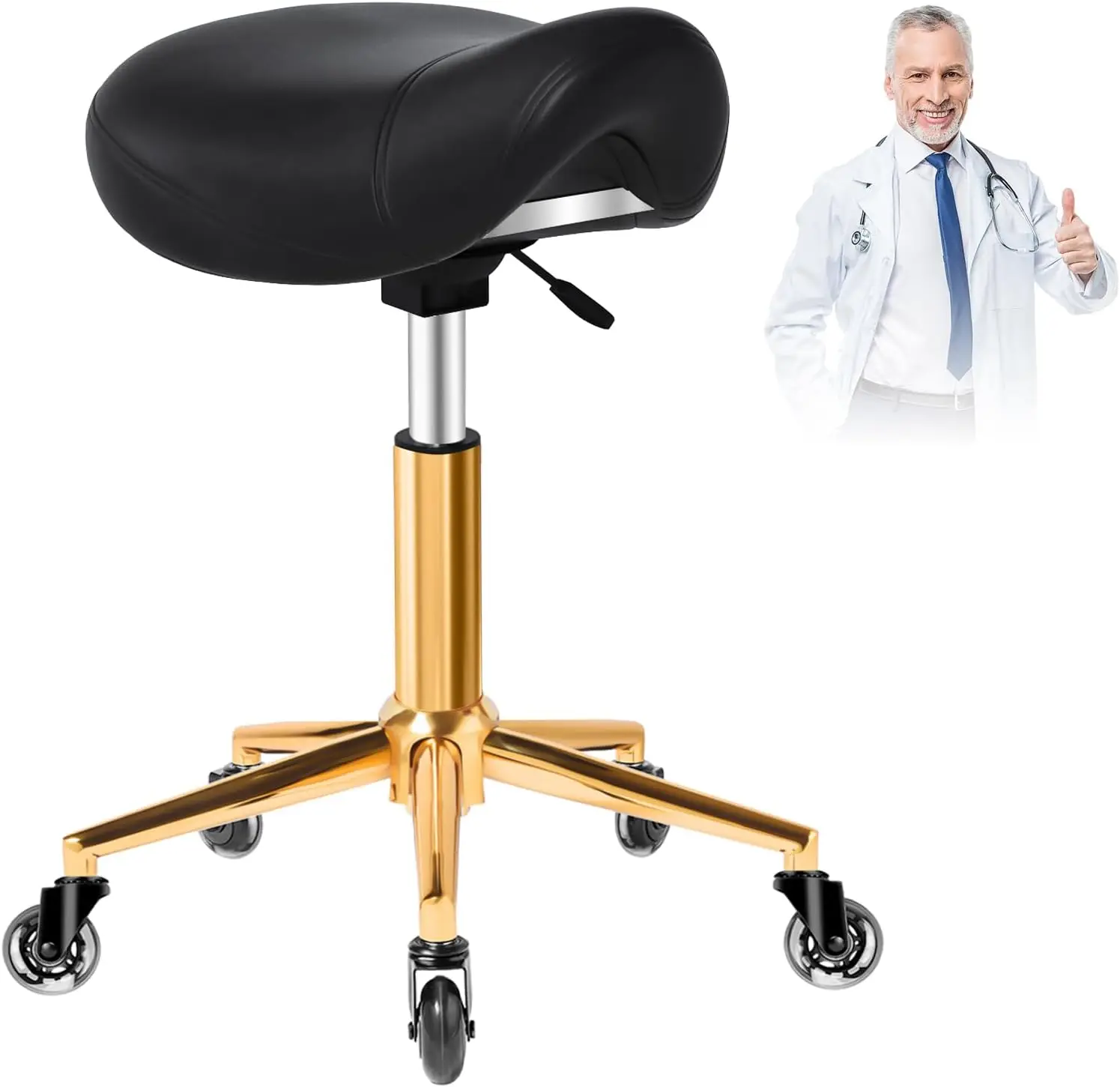 

Saddle Stool with Wheels Ergonomic Thick Wide Cushion for Salon Massage, Adjustable Height, Smooth Rolling No Noise, Black
