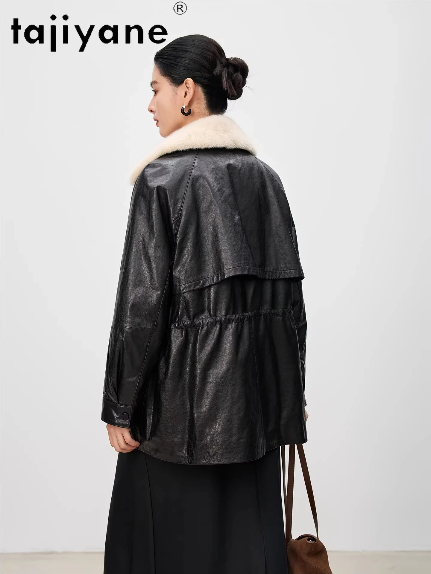 TAJIYANE Płaszcze z najwyższej jakości skóry owczej z puchem gęsim, luksusowy płaszcz z kołnierzem z futra norek, kurtka ze skóry naturalnej, odzież zimowa damska 2025, шуба