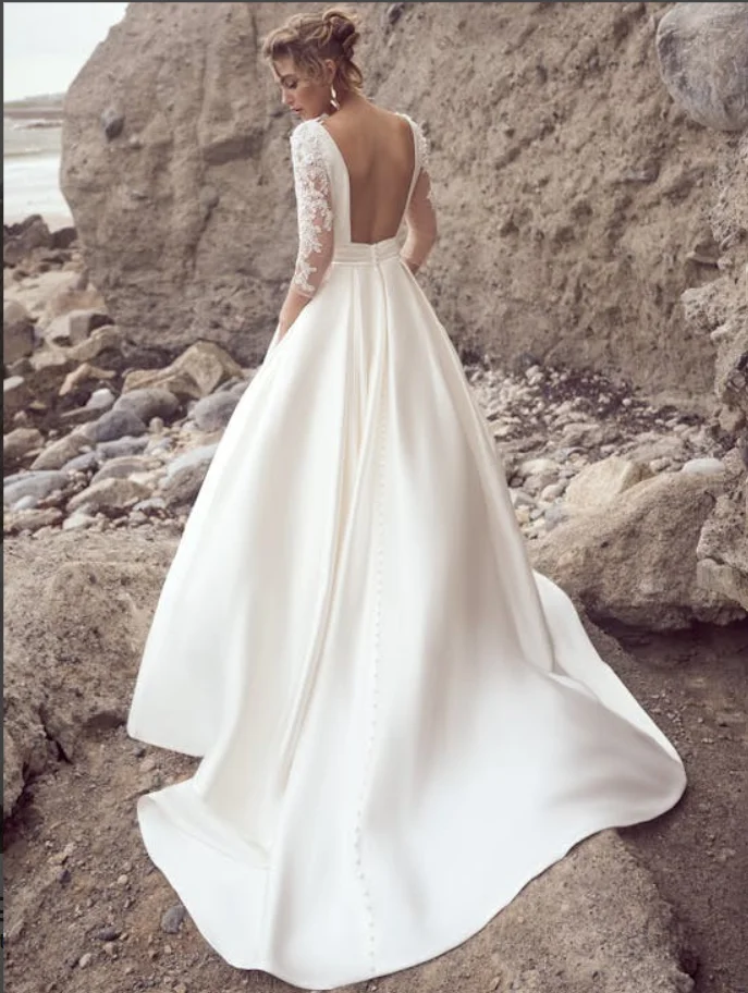 Custom Bateau Neck Three Quarter Lace Sleeve Satin A Line Wedding Dress Deep V Back Button Detail Bridal Gown With Train