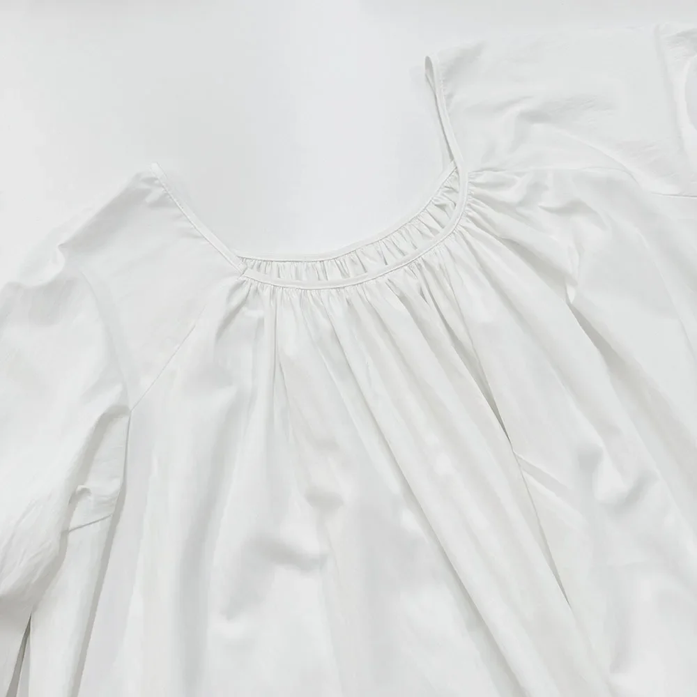 فستان طويل فضفاض بأكمام واسعة أنيق للنساء بسيط كبير الحجم بلون سادة ربيعي جديد برقبة مستديرة مكشكش فستان نسائي Vertidos #5