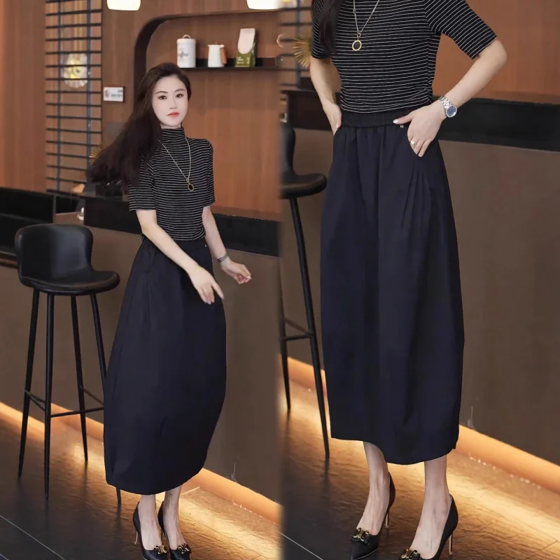 

Black Elastic Waist Midi Skirt for Women, Autumn Fashion Casual A-Line Pocket Puff Umbrella Skirt