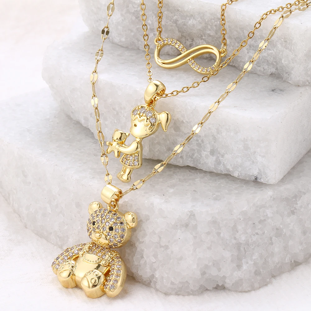 Exquisito oso de peluche, linda chica y colgante de collar de tres capas con una combinación de 8 formas, regalo de joyería de moda