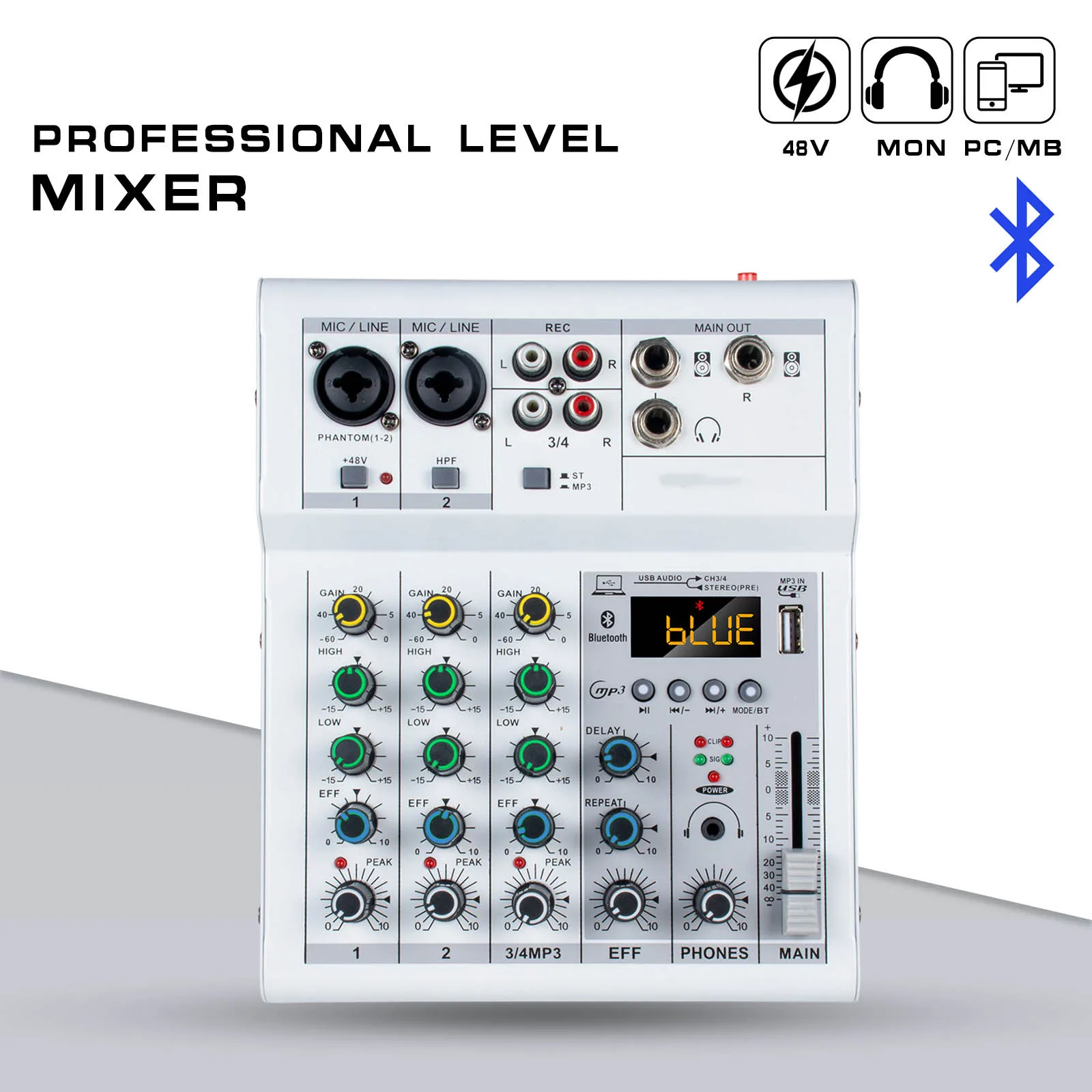 4 Channel  Audio Mixer 48V Phantom Power USB Studio Sound Mixers Wireless Phone Connect Home DJ Console Mixing for KTV