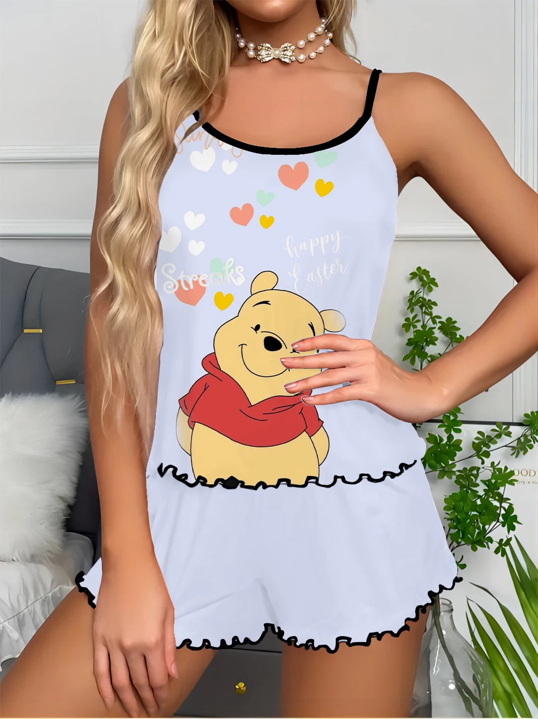 Disney Collection Printed Women's Casual Set Suspender Top Shorts Cute Cartoon Winnie the Pooh Satin Women's Pajamas