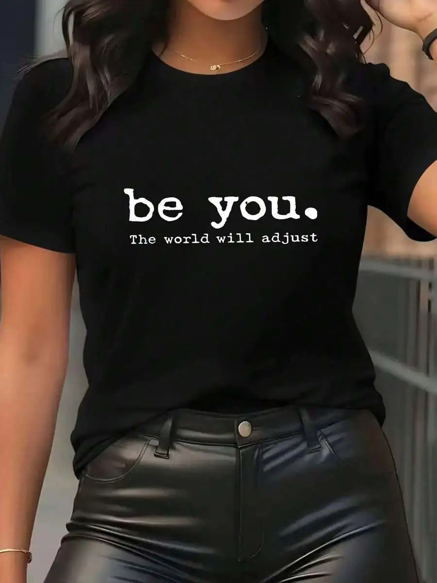 2026 New Arrival Men Women Unisex Vintage Graphic Tee 100% Cotton Be You The World Will Adjust Quote Print Summer Crew Neck Short Sleeve Casual Outfit Basic Top T-Shirt