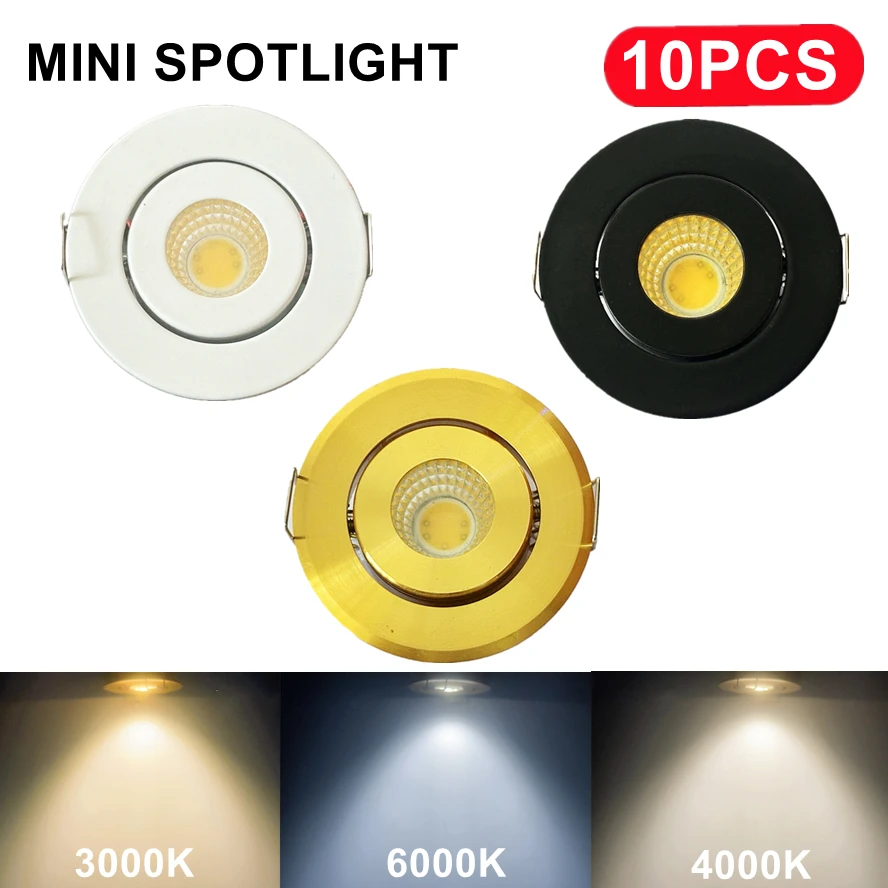 10~1PCS 12V Mini COB LED Downlight Ceiling Light Adjustable Drive Free Down Lights Showcase Cabinet Recessed Lighting White Body