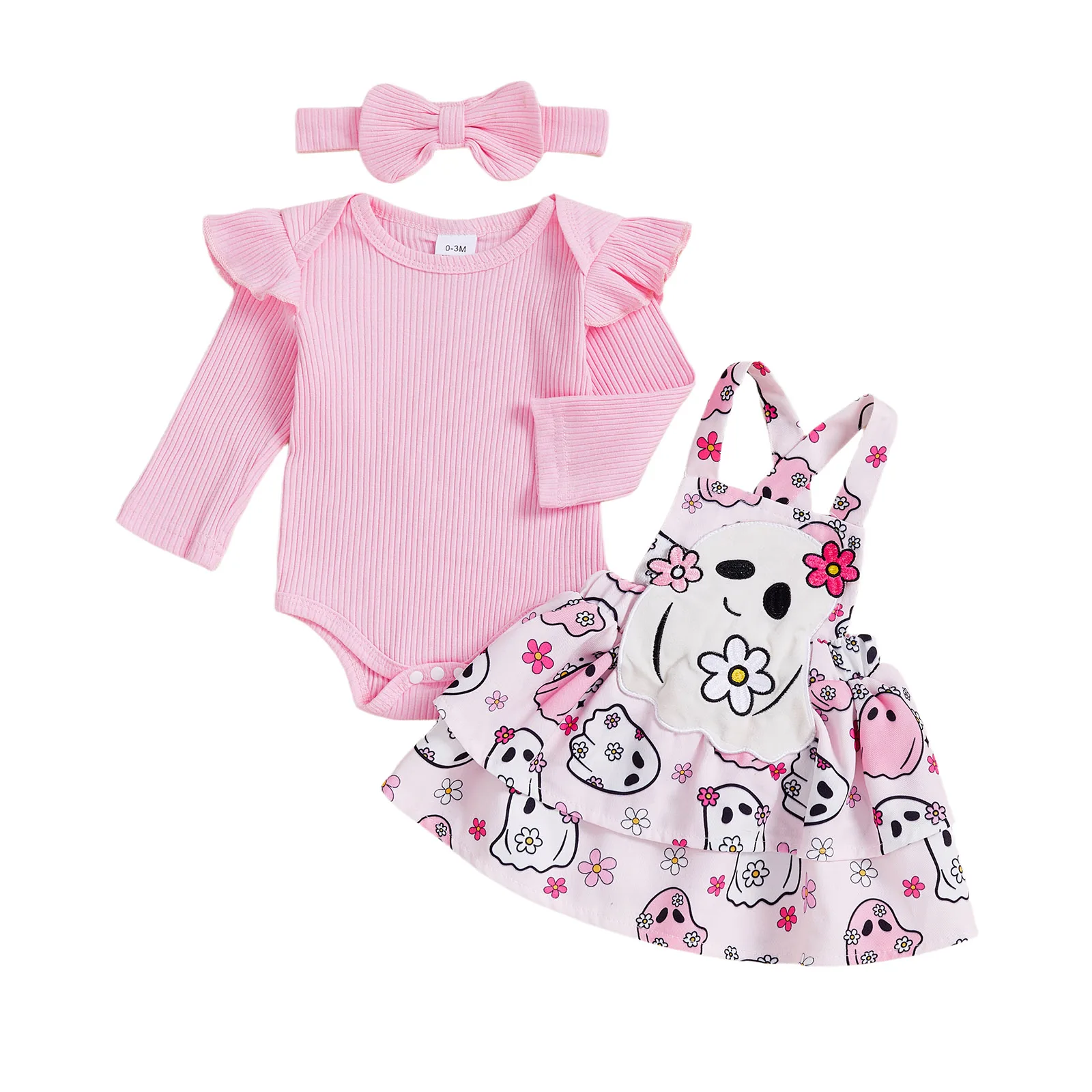 

Baby Girls Halloween Outfits Solid Color Long Sleeve Romper with Ghots Candy Cane Print Overall Skirt and Bow Headband