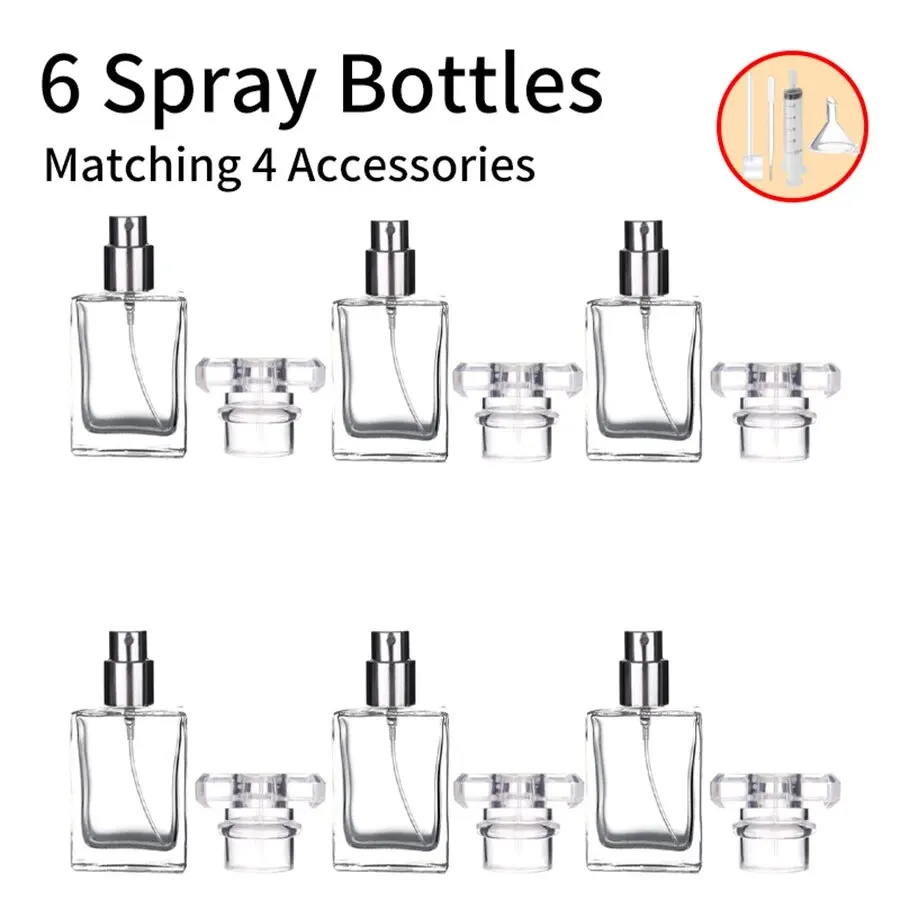 6 個 4 アクセサリー 30 ミリリットル/1 オンス透明黒詰め替え香水ボトル、ポータブル正方形空ガラス香水噴霧ボトル
