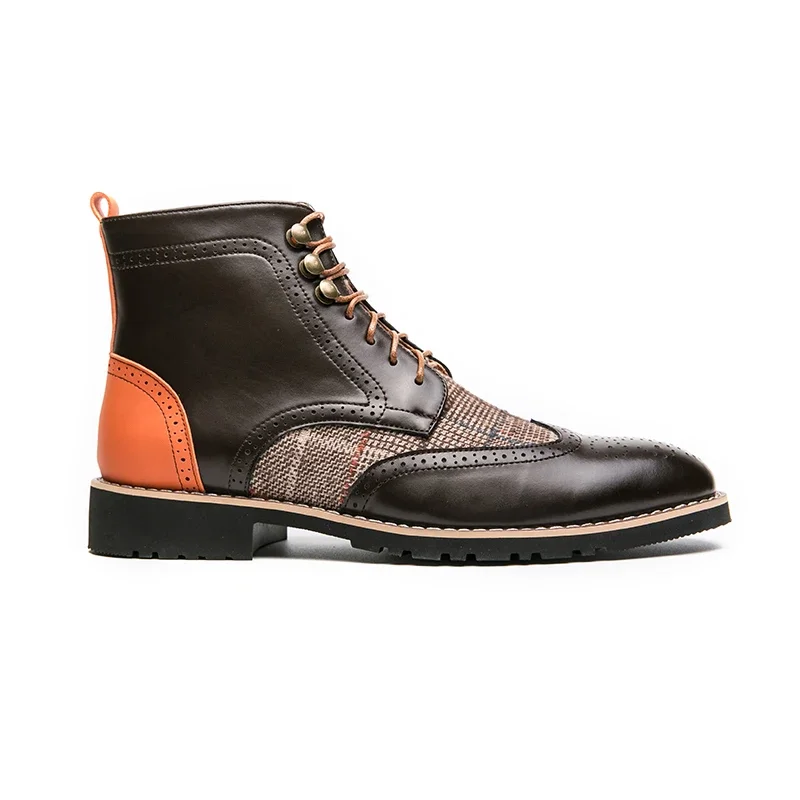 New Brown Men Short Boots Lace-up SquareToe Ankle Strap Gingham Handmade Ankle Boots Cowboy Boots Botas De Hombre