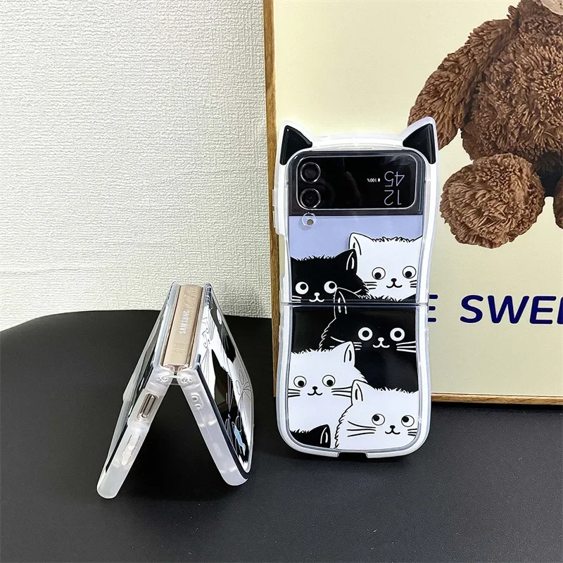 Cute Ears Black White Cat Phone Case for Samsung Galaxy ZFlip3 ZFlip4 ZFlip5 ZFlip6 Hard PC Back Cover for Z Flip 6 Case Shell