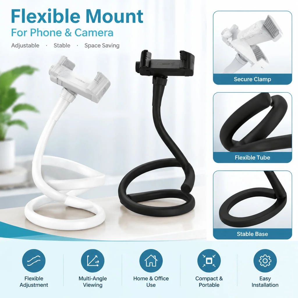 Flexible Rotating Phone Holder Clip Camera Monitor Stand with Silicone Rod for Desk Bedside Office and Baby Monitor Use