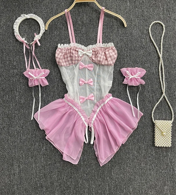 Cute Maids Uniform Erotic Bodysuits Ladies Cosplay Sheer Slim Playsuits Female Bow Lace Spliced Sexy Lingerie Rompers