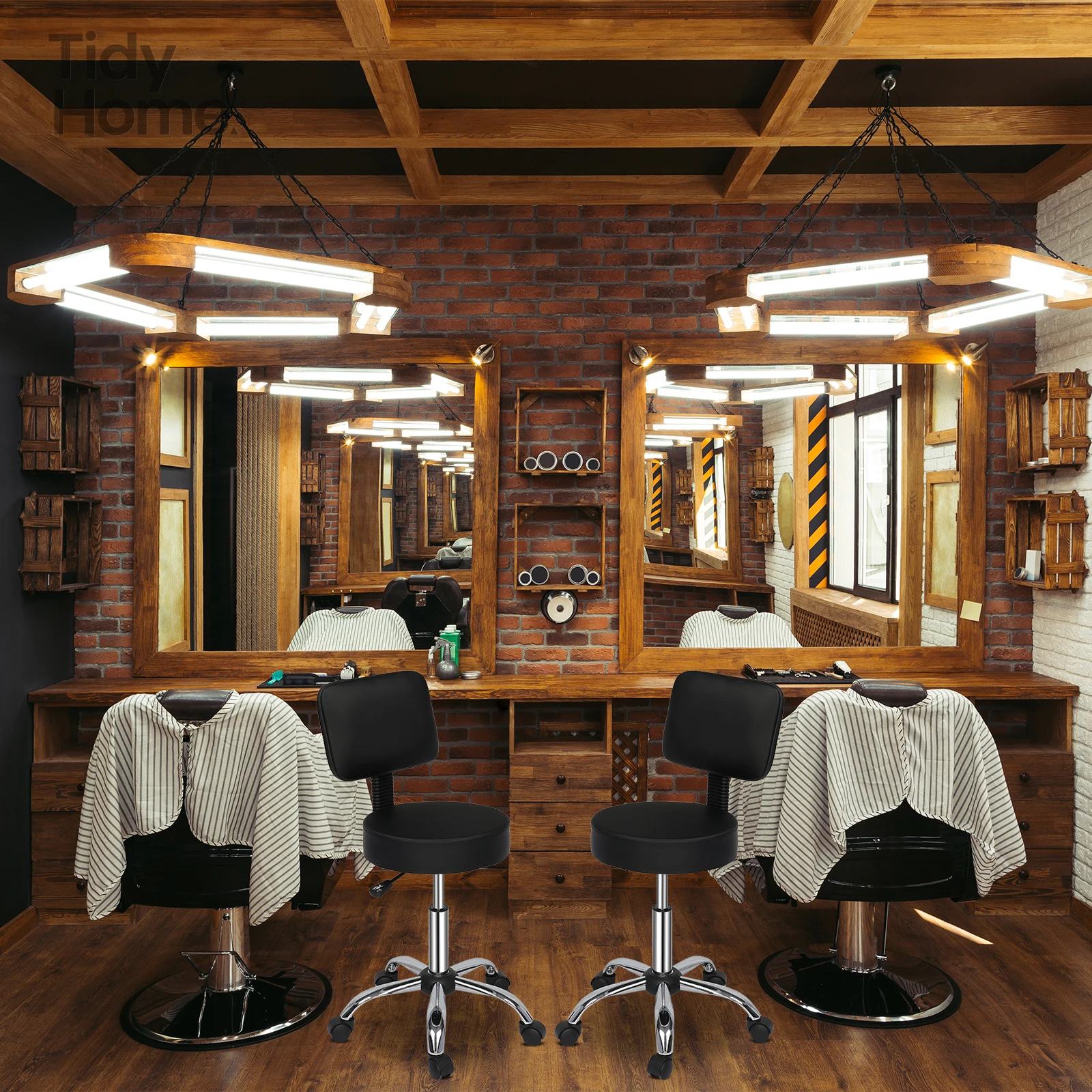 Semi-PU Leather Nylon Wheel 300lbs Round Stool With Backrest Plating Feet Technician Stool ,Multi-Purpose Drafting Spa Bar Stool