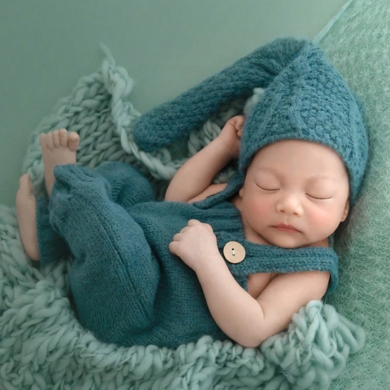 

Trendy Photography Outfit Including Knitted Suspenders and Tailed Hat 0-1 Month Newborns Baby Photoshoots Bonnet