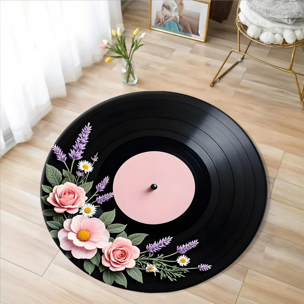 Klassischer Vinyl-Schallplatten-Muster Teppich für Wohnzimmer Schlafzimmer Deko Rutschfeste Bodenmatte Geschenk für Musikliebhaber Heimteppich Türmatte