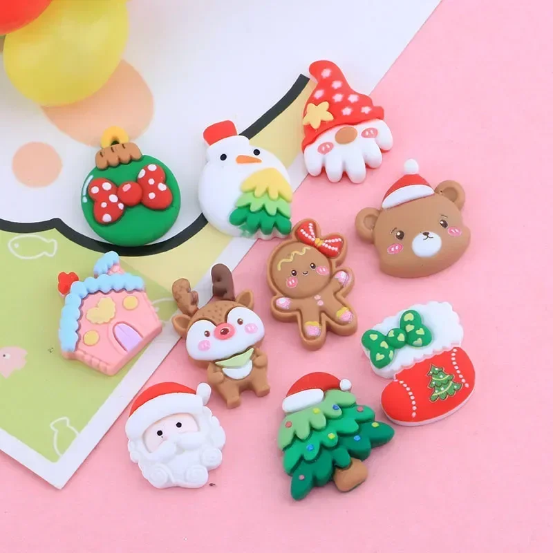 Mini Christmas Series Resin Toy Cute Santa Claus House Cartoon Bear Small Diy Party Hairpin Phone Case Accessories Decorate