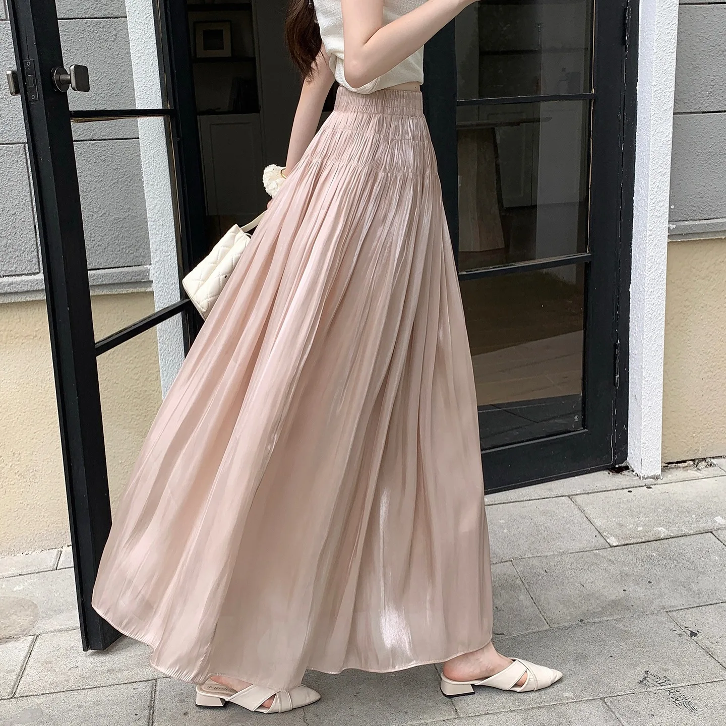 Glimmering Chiffon Half-length Skirt Women's A-line Midi Skirt Slimming High-waisted Summer 2026 Elegant Draped Long Skirt